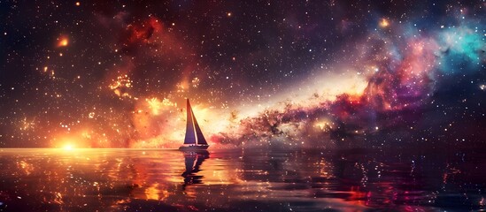 Wall Mural - a sailboat traveling among the stars in a colorful rainbow galaxy sea in stars and space (generative
