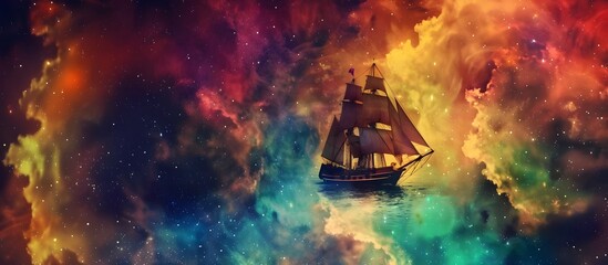 Wall Mural - a sailboat traveling among the stars in a colorful rainbow galaxy sea in stars and space (generative