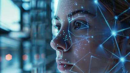 Fototapete - A close-up of a womans face scanned by a facial recognition system, showcasing the intricate technology behind this modern security and identification method. Generative AI