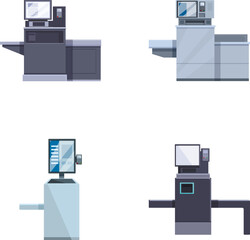 Poster - Four variations of sleek office desks with desktop computers, ideal for workspace concepts