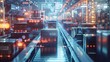 © MD Media - Futuristic warehouse with digital data visualization of software and cargo on conveyor belt in motion, high speed photography, data flow style