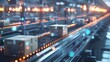 © MD Media - Futuristic warehouse with digital data visualization of software and cargo on conveyor belt in motion, high speed photography, data flow style
