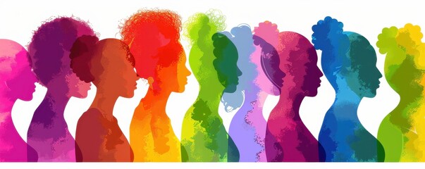 Wall Mural - Silhouettes of women in different colors, each representing one woman's head and shoulders Generative AI