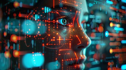 Fototapete - A close-up image of a face with glowing digital lines and dots overlaying it, visualizing the process of facial recognition. Generative AI