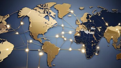 Poster - Global worldwide network connection and data connections concept. A world map with a blue light connected to it, gold and navy, global influences