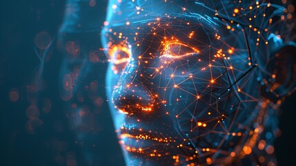 Fototapete - A futuristic representation of facial recognition technology, showcasing a digital face constructed from glowing lines and points of light. Generative AI