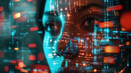 Fototapete - An abstract image of a human face overlaid with digital data, representing the concept of facial recognition systems. Generative AI