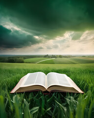 Wall Mural - An open book in the middle of a green valley.