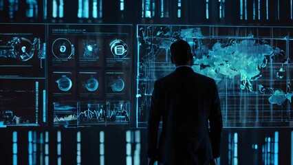 Poster - A man and modern science and technology information big data background