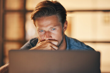 Fototapete - Office, thinking and laptop for man, night and research for deadline, web designer and creative in dark. Computer, employee and online for project, reading and idea for working late and planning