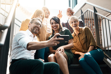 Aufkleber - Group, people and stairs with smile or mobile, international and lens flare in office. Crowd, diversity and happiness with phone technology for company profile picture, team building for employees