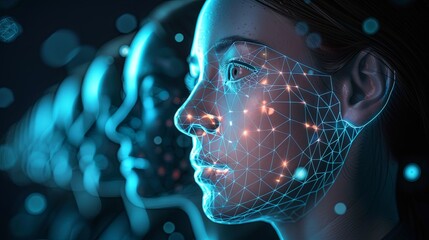 Fototapete - A womans face is enveloped in a digital grid, highlighting the advancement of facial recognition technology. Generative AI