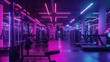 © Emiliia - A modern gym interior with neon lighting and exercise equipment, including treadmills, weight machines, and a stationary bike.