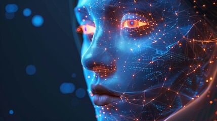 Fototapete - A close-up of a digital face, illuminated by a network of glowing lines and dots, representing the concept of facial recognition technology. Generative AI