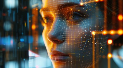 Poster - A close-up image of a womans face, overlaid with a digital mesh, representing the concept of facial recognition technology. Generative AI