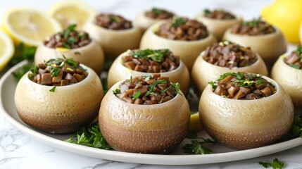 Wall Mural - Delicious Stuffed Mushrooms with Savory Lentil Filling Topped with Fresh Herbs on a White Plate Garnished with Lemon and Parsley