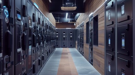 Poster - A clean and well-lit electrical room in a data center, featuring rows of panel boards and a central walkway.