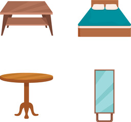 Poster - Flat design icons of a wooden coffee table, bed, round table, and a mirror