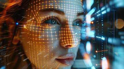 Poster - Close-up image of a womans face being scanned by a facial recognition system, displayed as a grid of glowing lines. Generative AI