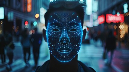 Fototapete - A mans face is scanned by a facial recognition system, his features transformed into a glowing blue digital grid. Generative AI