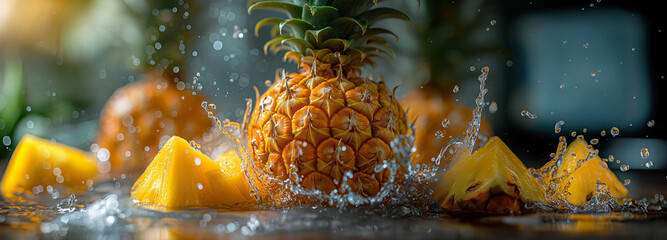Wall Mural - Pineapple slices are falling into a glass of water, creating a splash