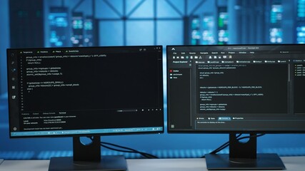 Poster - computers in empty data center facility managing rackmounts energy consumption. close up of script o
