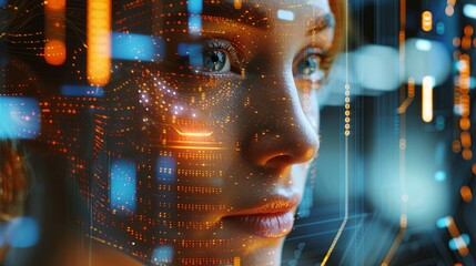 Fototapete - A womans face is digitally overlaid with data streams, suggesting the futuristic use of facial recognition technology. Generative AI