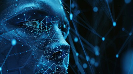 Fototapete - A close-up of a digital face, covered in a complex network of lines and nodes, representing the workings of a facial recognition system. Generative AI