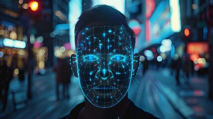 Fototapete - A person walks through a city at night, their face illuminated by a glowing digital grid. Generative AI