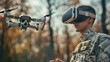 © karina_lo - Soldier uses modern drone for surveillance, man wearing cyber VR glasses during war or training. Theme of army, military intelligence, warfare,