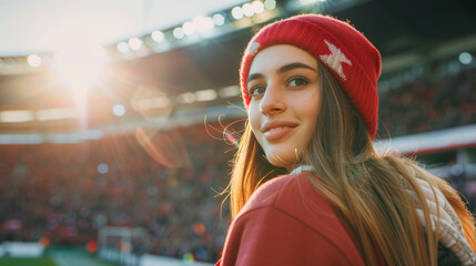 Wall Mural - Adult girl fan in red and white on stadium bleacher, smiling young woman watches game at sunset. Concept of soccer, people, beauty, football, sport,