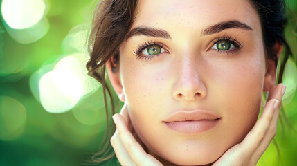 Wall Mural - natural beauty portrait of a person close up with green bokeh background