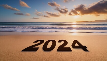 Wall Mural - message year 2023 replaced by 2024 written on beach sand background good bye 2023 hello to 2024 happy new year coming concept