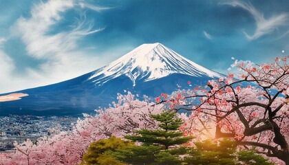 Wall Mural - whimsical portrayal of mount fuji in watercolors with blooming sakura trees in the foreground dreamy and poetic aelv 6 ar 16 9 stylize 300 v 6 job id a8bf2d1d 3a64 4625 8bd7 35dd371e8728