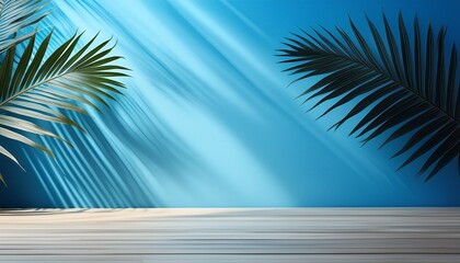 Wall Mural - blurred shadow from palm leaves on the blue wall minimal abstract background for product presentation spring and summer