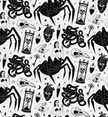 Wall Mural - Mystical seamless pattern. Spider Woman. Vector illustration. Half spider. Gothic ornament. Halloween template. hand drawn magical illustrations. The witch and her spell. Graphic background.