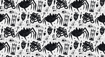 Wall Mural - Mystical seamless pattern. Spider Woman. Vector illustration. Half spider. Gothic ornament. Halloween template. hand drawn magical illustrations. The witch and her spell. Graphic background.
