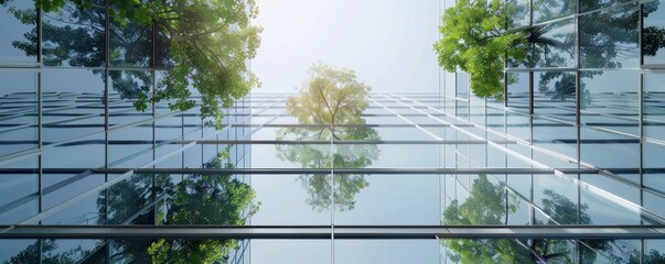 An eco-friendly building with green glass panels reflecting a tree under the bright sunlight, showcasing sustainable architecture and modern design