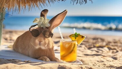 Sticker - cool easter bunny on vacation on the beach with a cocktail