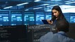 © DC Studio - Manager overseeing server room, walking around with checklist on notepad, troubleshooting hardware. Supervisor doing inspection in server hub, monitoring energy consumption across rigs