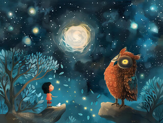 Wall Mural - Fantasy kids book, owl talking to a kid in the universe; children bedtime book. Wisdom and learning concept. Watercolor style