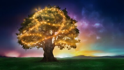 Fantasy tree with glowing lights and colorful night sky. Ideal for magical, dreamlike, and fantasy-themed concepts.