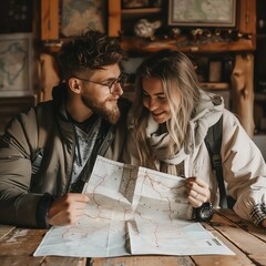 Couple planning a trip, looking at a map, adventure, travel