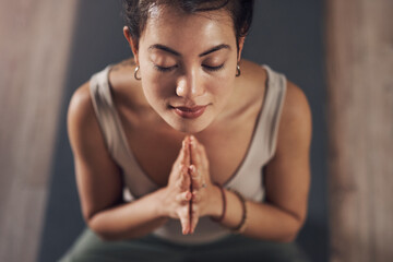 Canvas Print - Woman, praying hands and yoga meditating, wellness and calm exercise for workout or health club or balance. Pilates, holistic and spiritual aura or body healing, zen and peace with yogi on floor