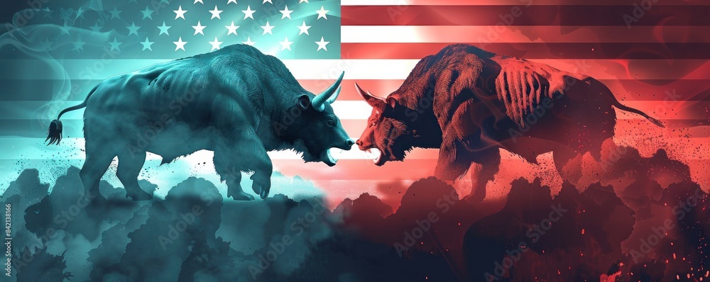 Two bulls, one blue and one red, facing off against each other in front ...