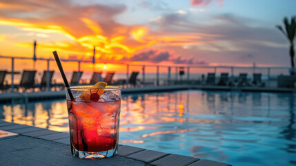 Wall Mural - A glass of iced cocktail with a cherry and a lemon slice sits on the edge of a pool with a breathtaking sunset in the background