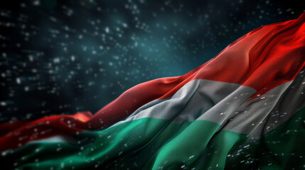 Hungarian flag waving in a dramatic snowstorm, showcasing national resilience and pride under harsh weather conditions.