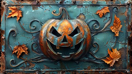 Sticker - Textured pumpkin of Rust on Metal Surface. Happy Halloween.