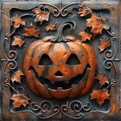 Wall Mural - Textured pumpkin of Rust on Metal Surface. Happy Halloween.