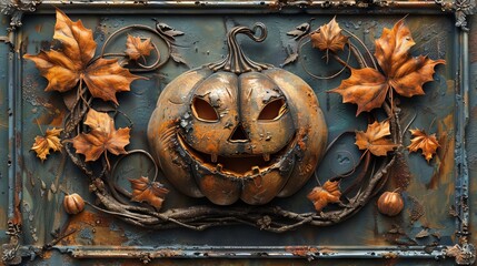 Sticker - Textured pumpkin of Rust on Metal Surface. Happy Halloween.